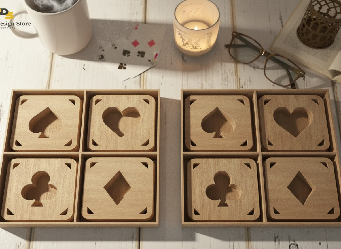 Playing Card Drink Coaster Set and Box / Coffee Beer Drink Mats / Hearts, Diamonds, Spades, Clubs, SVG ADS205