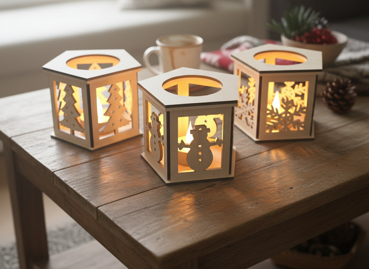 Christmas Laser cut Lamp Ornaments / Hexagon Night Lights / Snowman Candle Holder / Lantern Vector / Tea Light Holder SVG DXF CDR Pdf 393