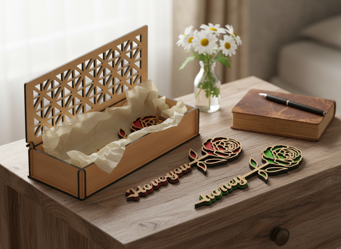Box and Roses - Roamantic Flowers Gift - Valentines Day Laser Cut Files - Wooden Roses For Anniversary 403
