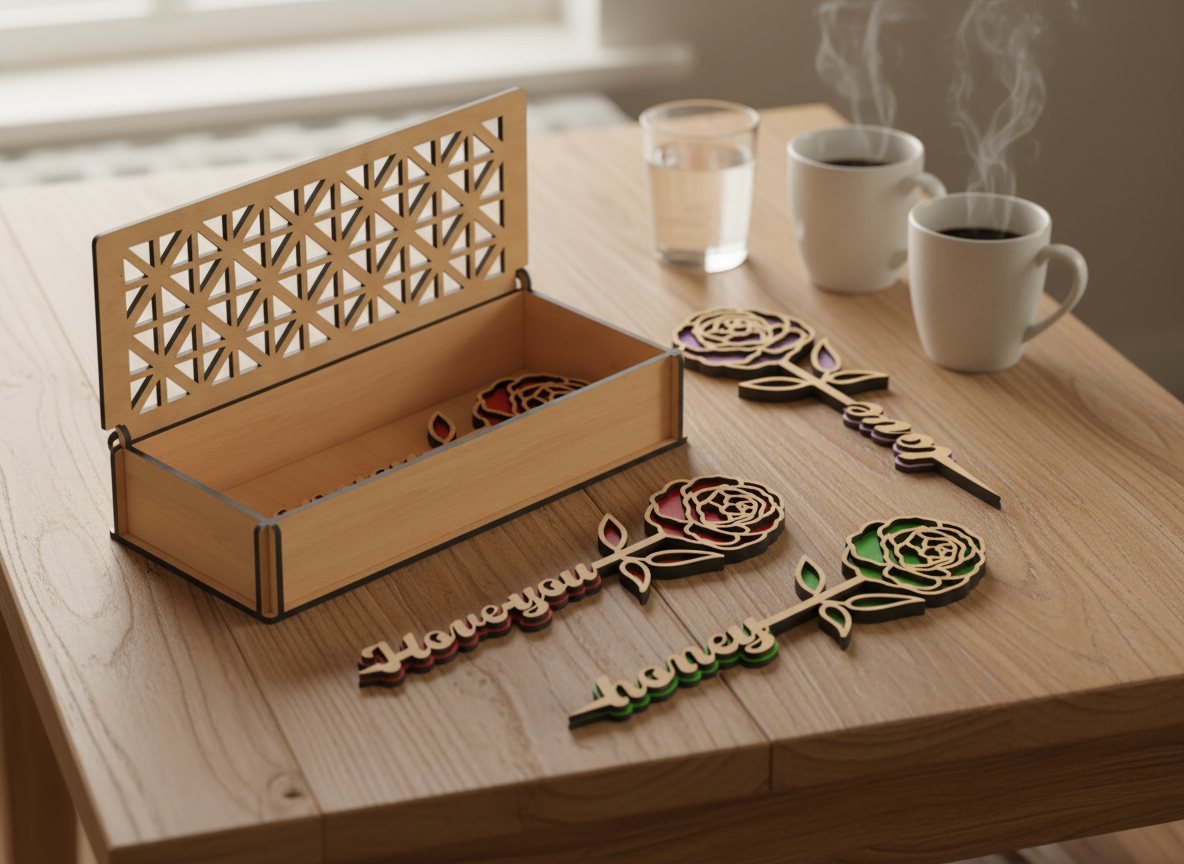 Box and Roses - Roamantic Flowers Gift - Valentines Day Laser Cut Files - Wooden Roses For Anniversary 403