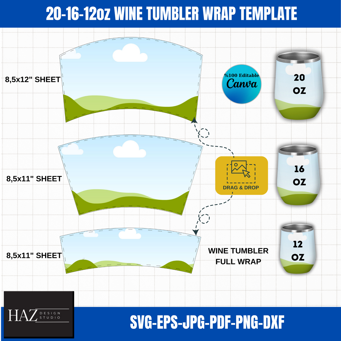 Wine Tumbler Wrap Template for 12oz, 16oz, 20oz | Digital Download | SVG, EPS, PNG | Canva Editable 355