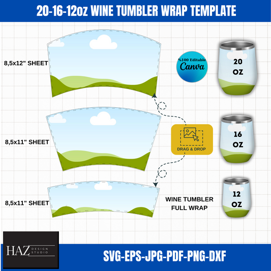 Wine Tumbler Wrap Template for 12oz, 16oz, 20oz | Digital Download | SVG, EPS, PNG | Canva Editable 355