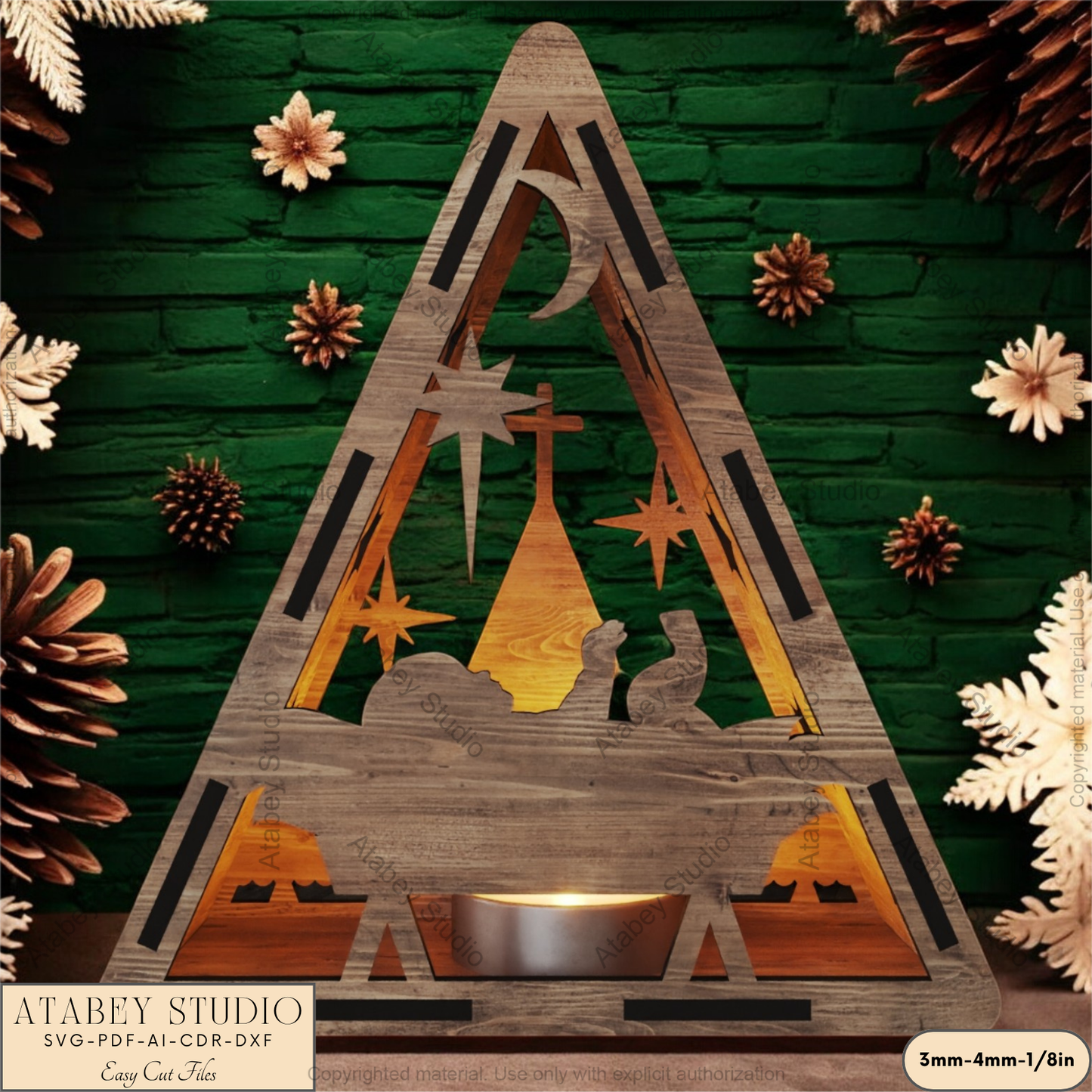 Triangle Religious Candle Holder | Laser Cut Nativity Scene Lantern | Night Light for Spiritual Decor 911