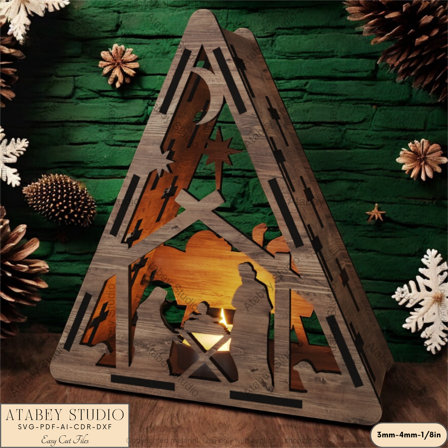 Triangle Religious Candle Holder | Laser Cut Nativity Scene Lantern | Night Light for Spiritual Decor 911