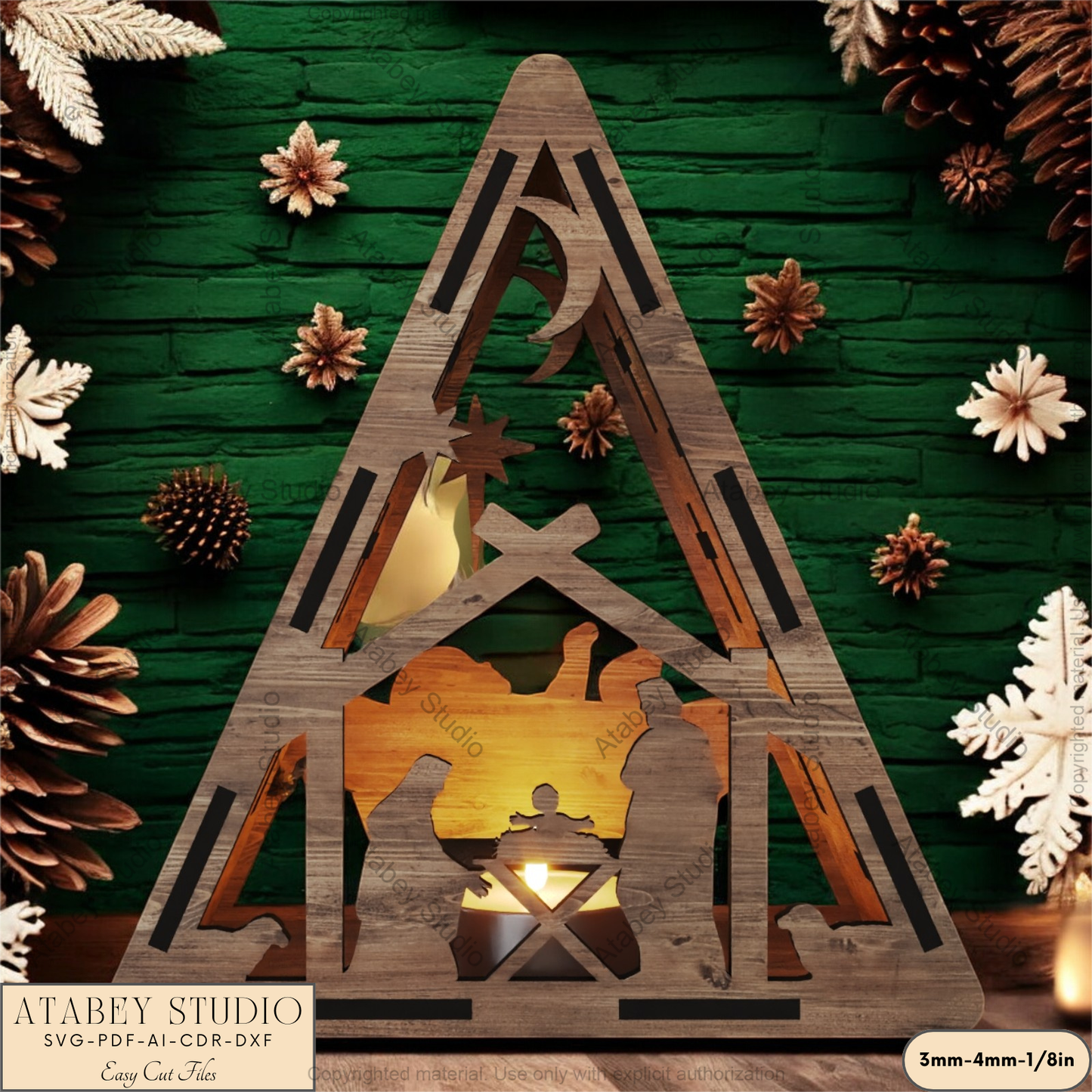 Triangle Religious Candle Holder | Laser Cut Nativity Scene Lantern | Night Light for Spiritual Decor 911