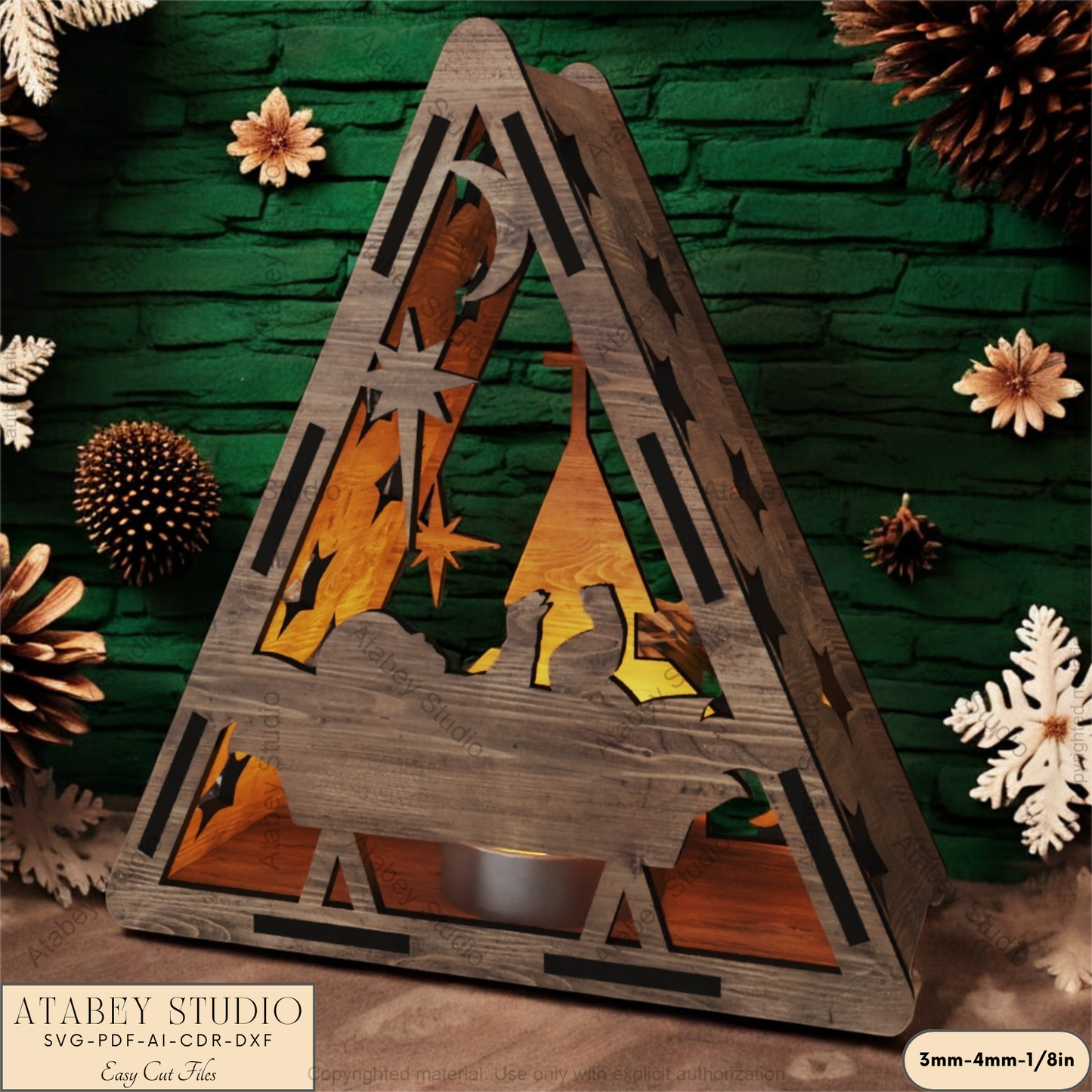 Triangle Religious Candle Holder | Laser Cut Nativity Scene Lantern | Night Light for Spiritual Decor 911