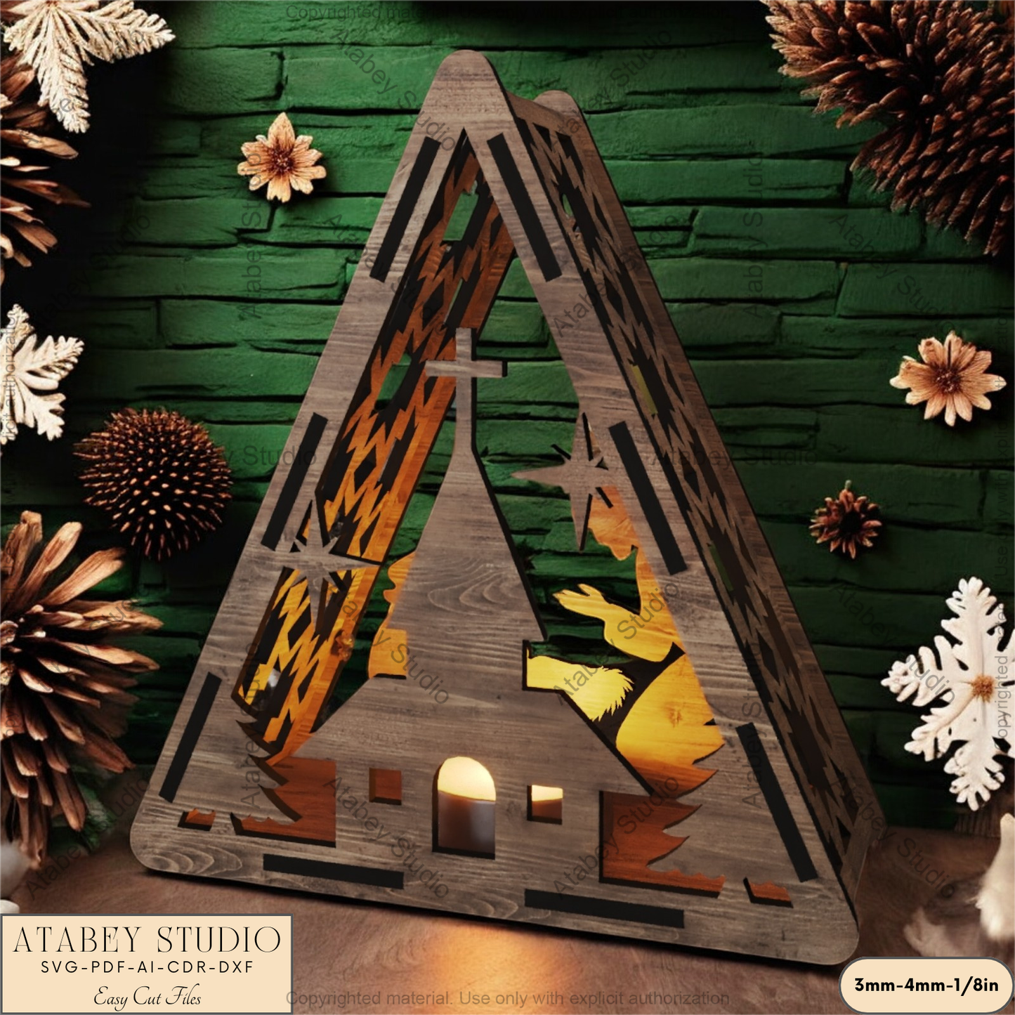 Triangle Religious Candle Holder | Laser Cut Nativity Scene Lantern | Night Light for Spiritual Decor 911