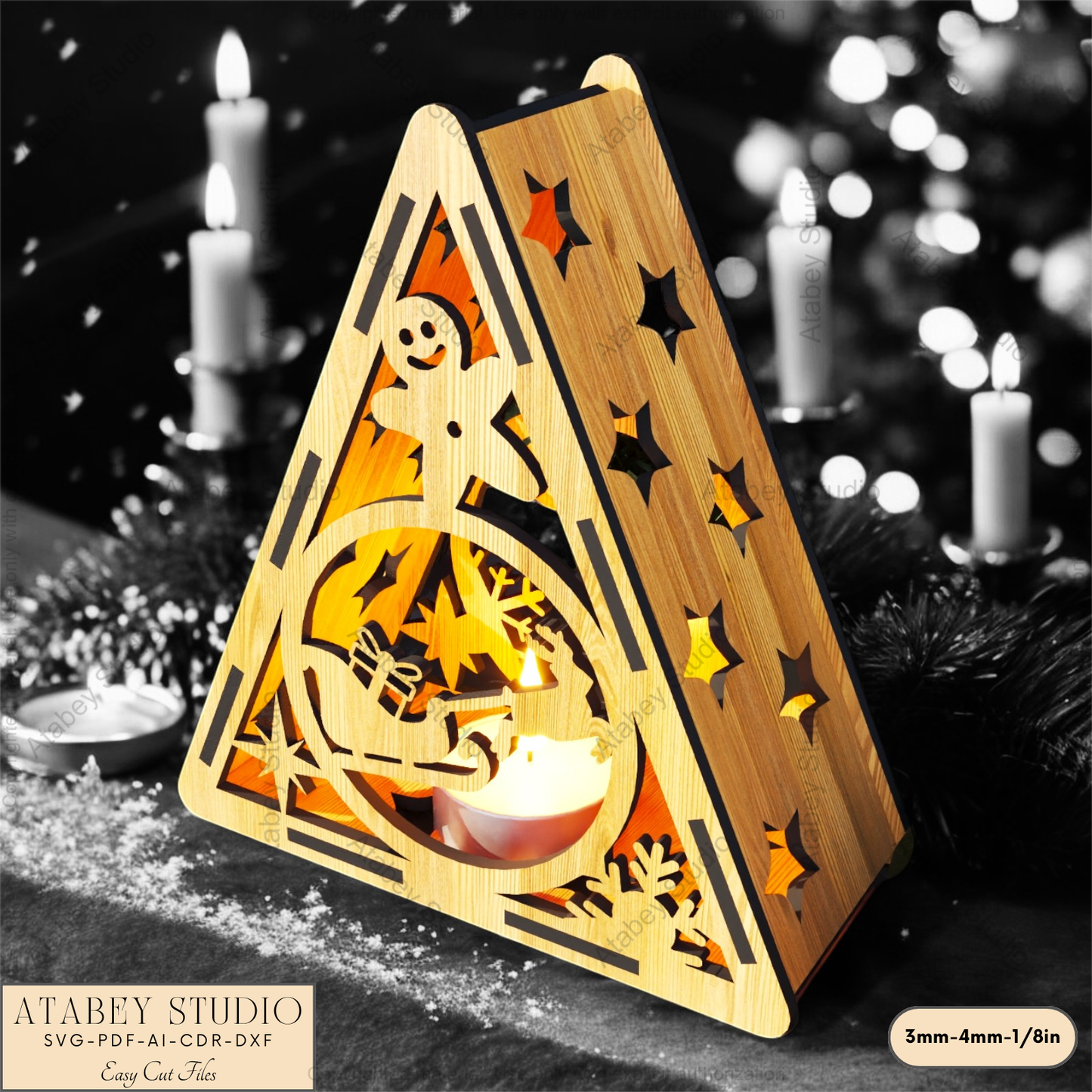 Christmas Triangle Candle Holder SVG | Laser Cut Night Light with Festive Scenes: Gingerbread, Reindeer & Trees 914