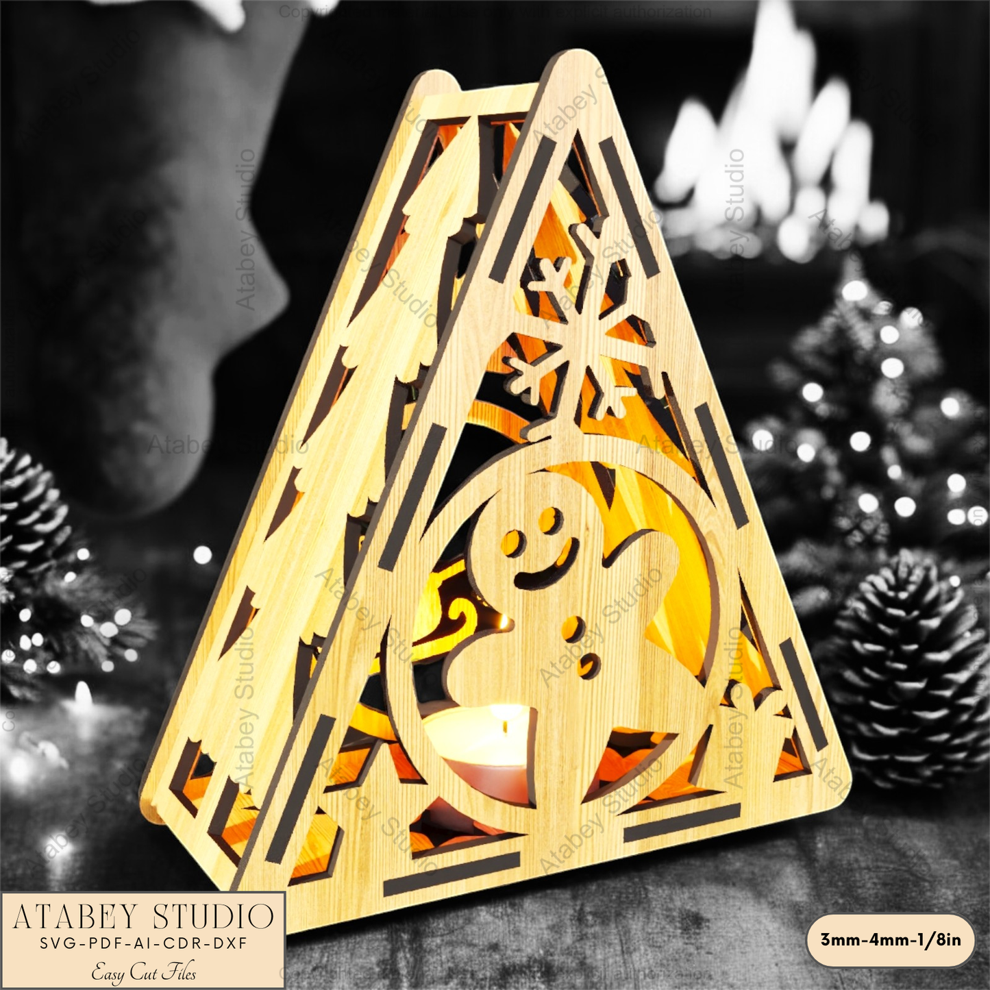 Christmas Triangle Candle Holder SVG | Laser Cut Night Light with Festive Scenes: Gingerbread, Reindeer & Trees 914