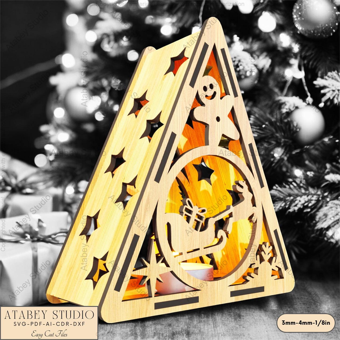 Christmas Triangle Candle Holder SVG | Laser Cut Night Light with Festive Scenes: Gingerbread, Reindeer & Trees 914