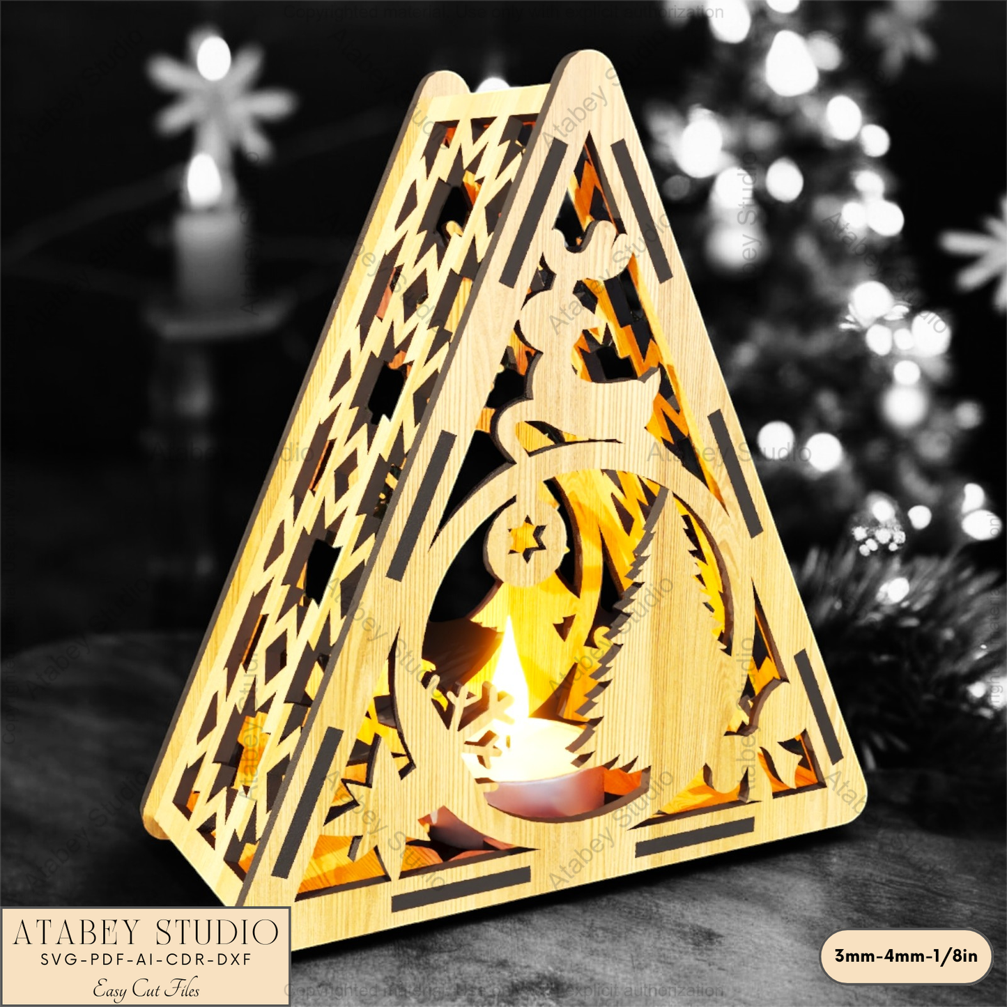 Christmas Triangle Candle Holder SVG | Laser Cut Night Light with Festive Scenes: Gingerbread, Reindeer & Trees 914