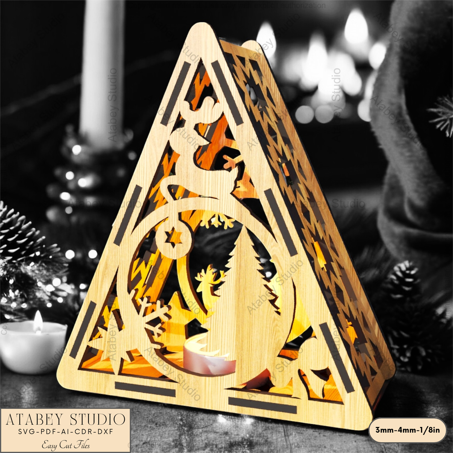 Christmas Triangle Candle Holder SVG | Laser Cut Night Light with Festive Scenes: Gingerbread, Reindeer & Trees 914