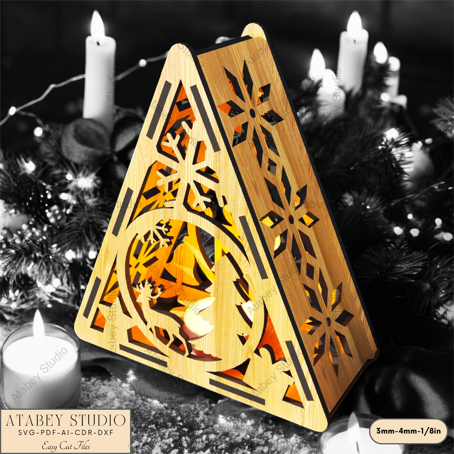 Christmas Triangle Candle Holder SVG | Laser Cut Night Light with Festive Scenes: Gingerbread, Reindeer & Trees 914