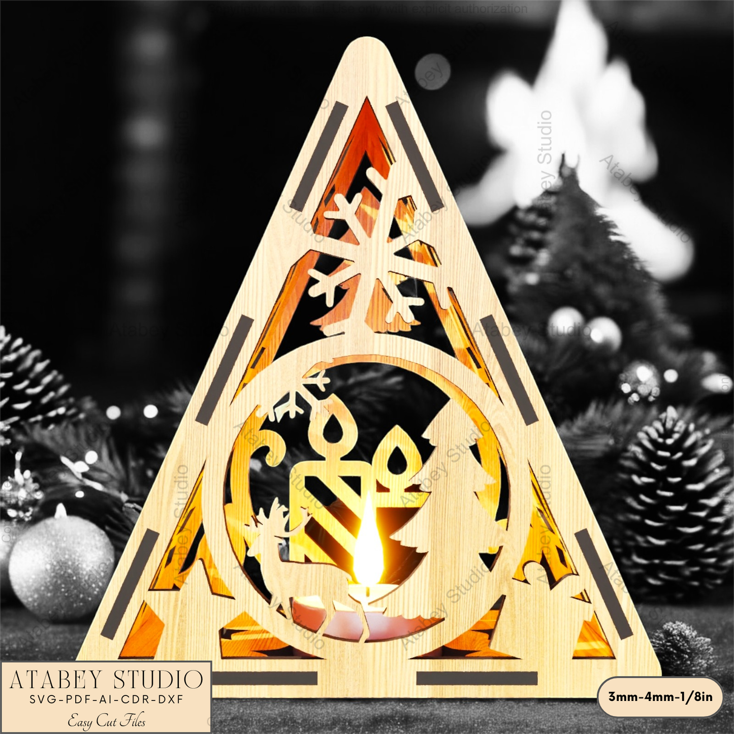 Christmas Triangle Candle Holder SVG | Laser Cut Night Light with Festive Scenes: Gingerbread, Reindeer & Trees 914