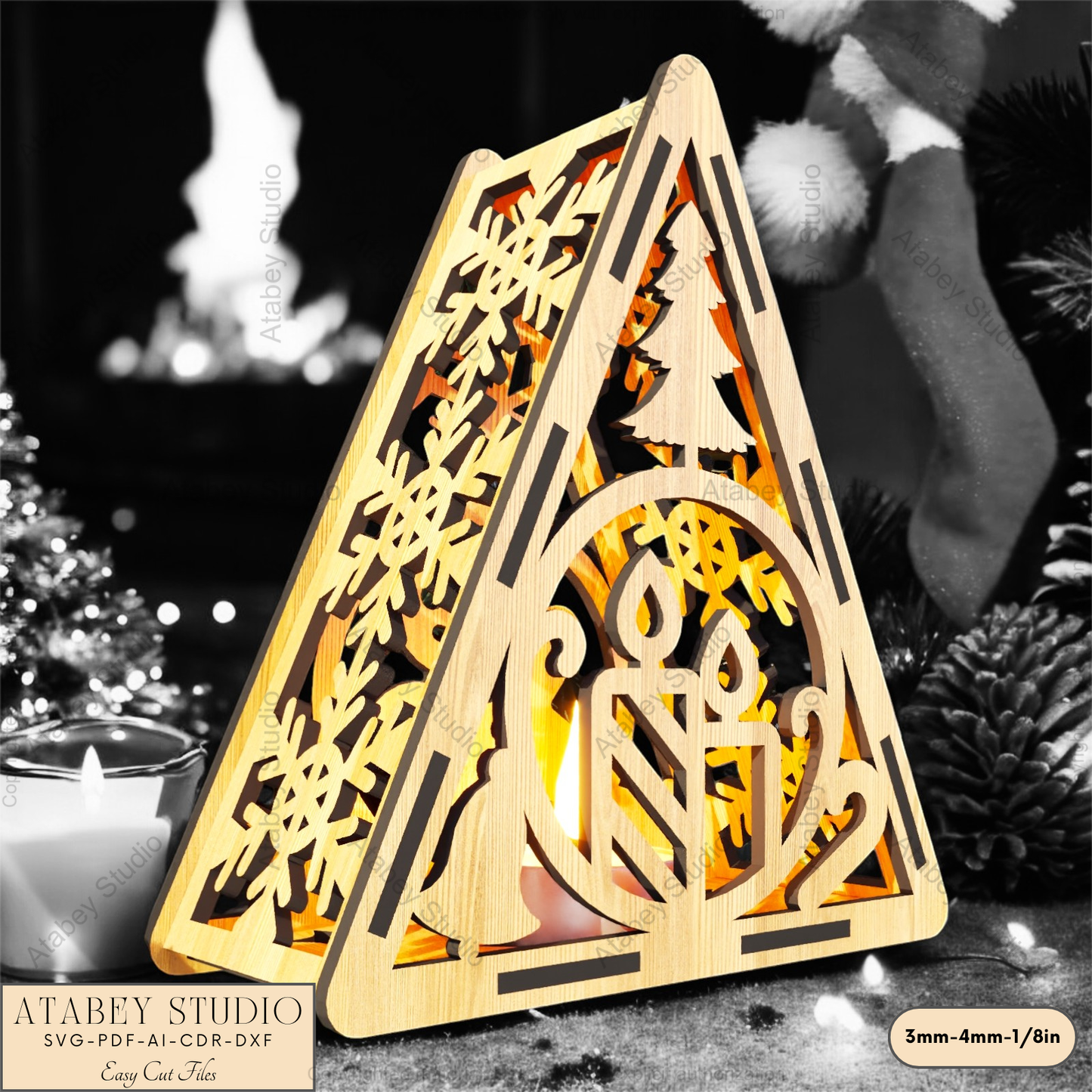 Christmas Triangle Candle Holder SVG | Laser Cut Night Light with Festive Scenes: Gingerbread, Reindeer & Trees 914