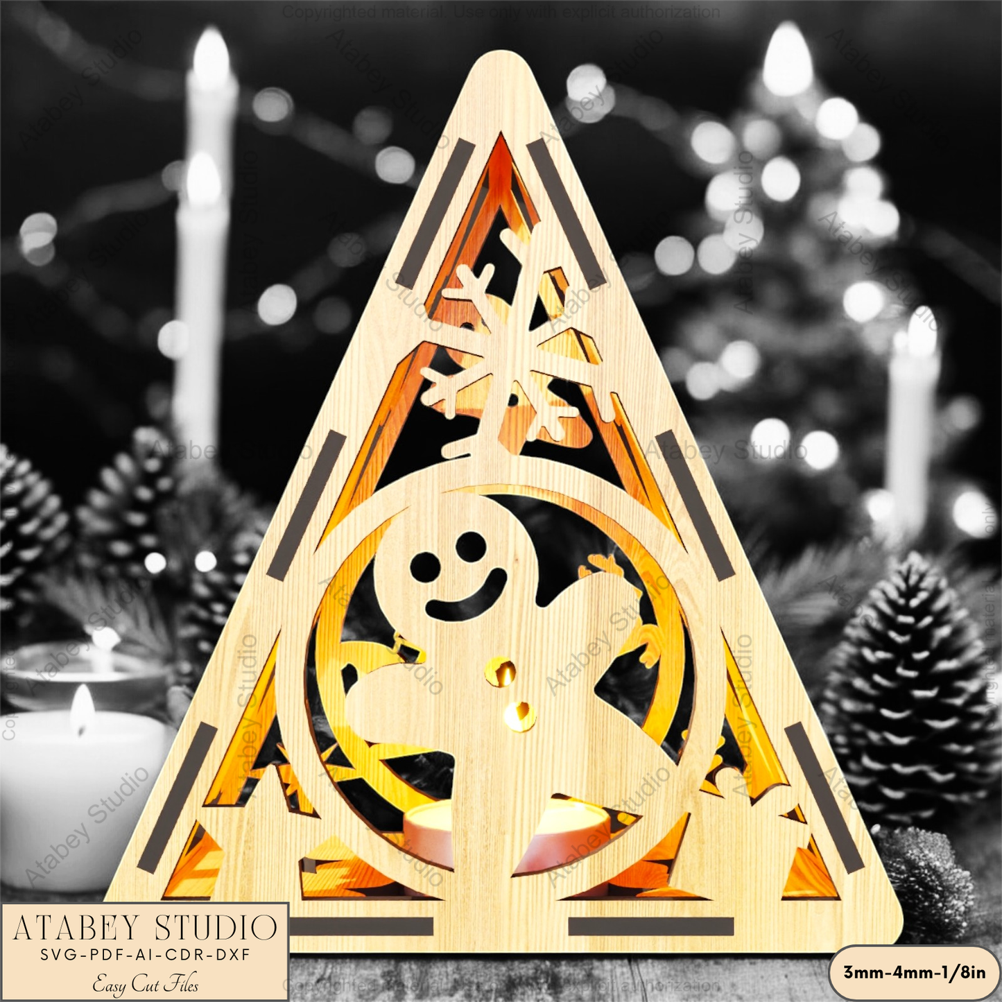 Christmas Triangle Candle Holder SVG | Laser Cut Night Light with Festive Scenes: Gingerbread, Reindeer & Trees 914