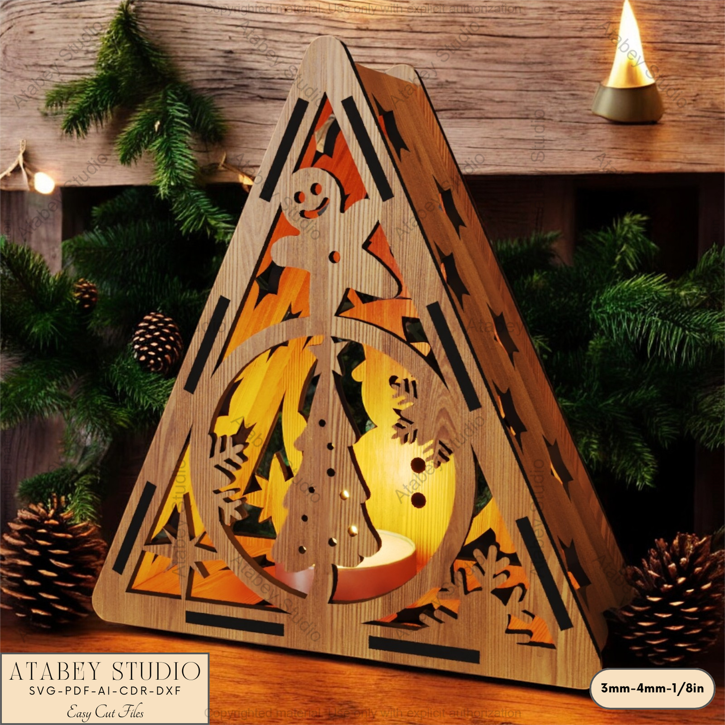 Festive Laser Cut Triangle Lantern | Christmas Tree, Snowman & Reindeer Night Light Decor 915