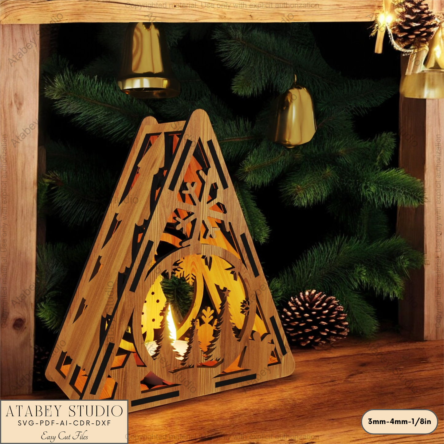 Festive Laser Cut Triangle Lantern | Christmas Tree, Snowman & Reindeer Night Light Decor 915