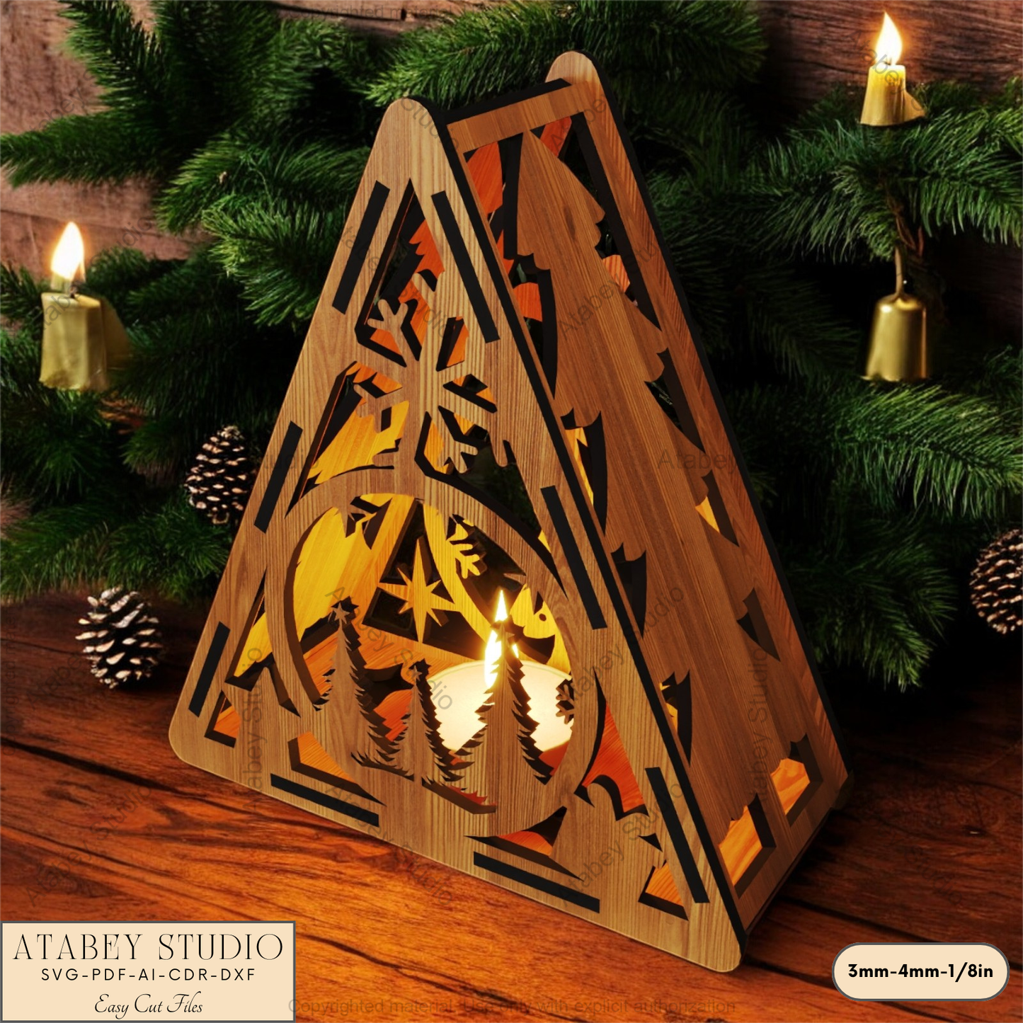 Festive Laser Cut Triangle Lantern | Christmas Tree, Snowman & Reindeer Night Light Decor 915