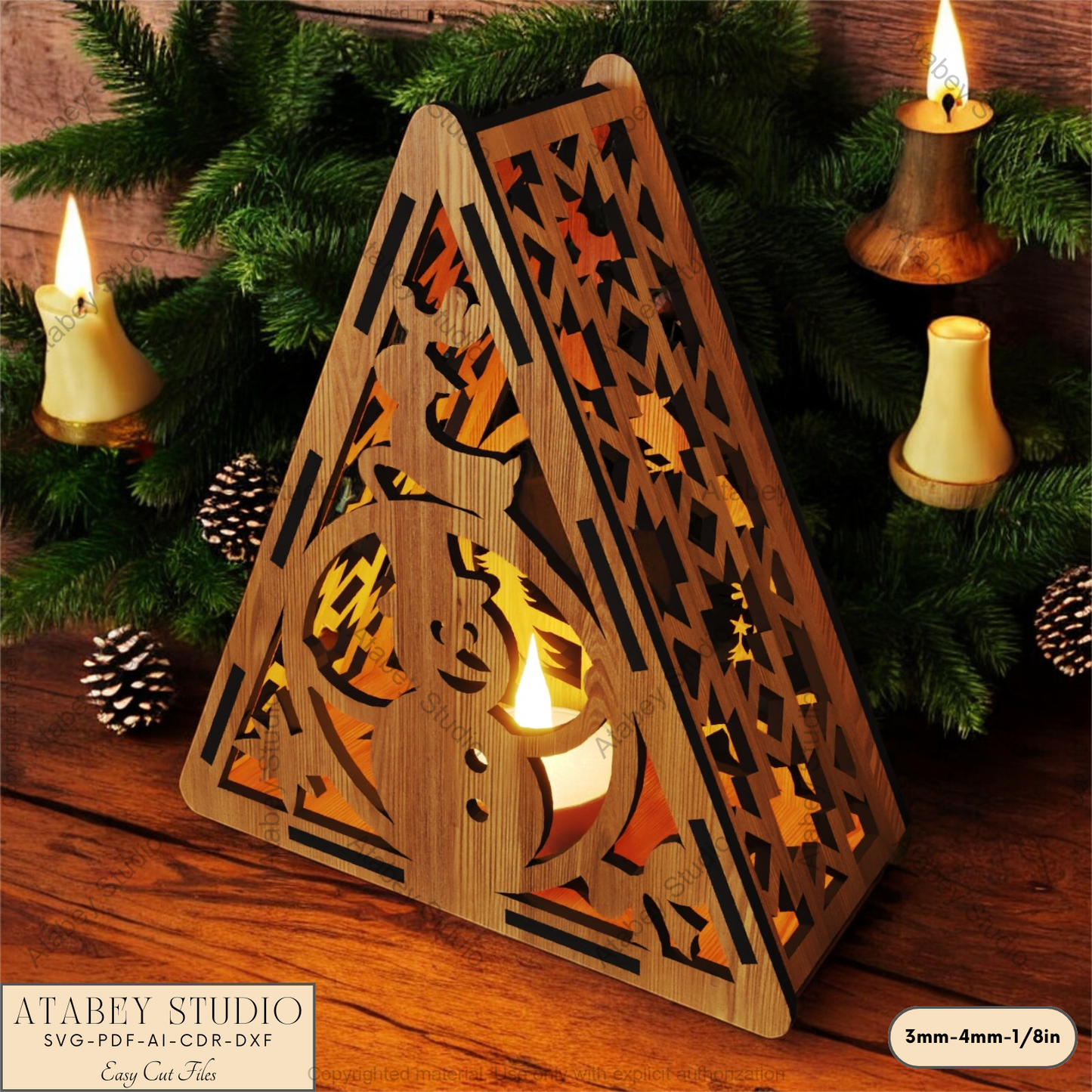 Festive Laser Cut Triangle Lantern | Christmas Tree, Snowman & Reindeer Night Light Decor 915