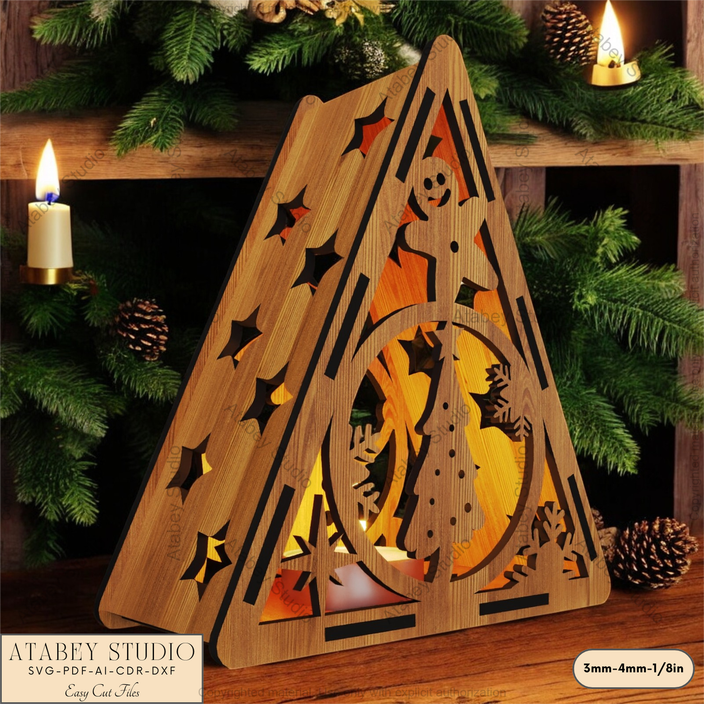 Festive Laser Cut Triangle Lantern | Christmas Tree, Snowman & Reindeer Night Light Decor 915