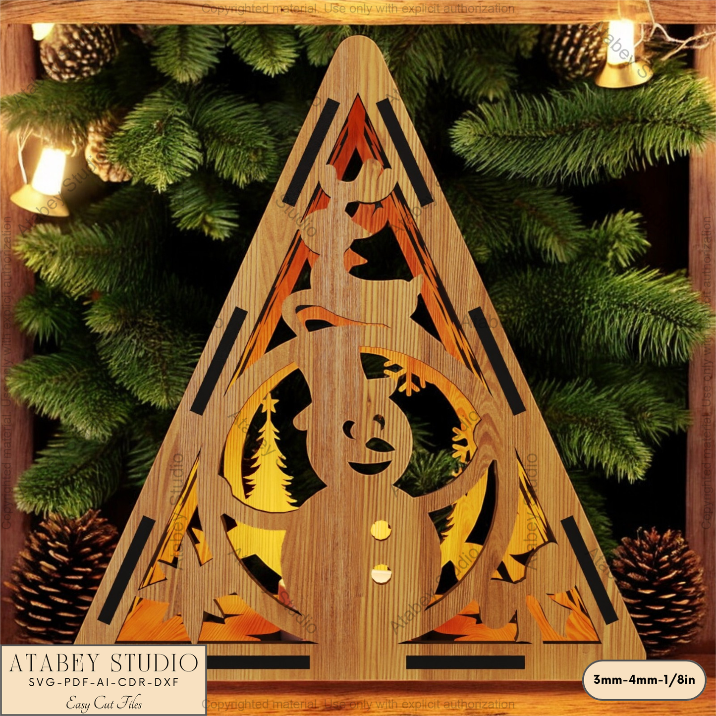 Festive Laser Cut Triangle Lantern | Christmas Tree, Snowman & Reindeer Night Light Decor 915