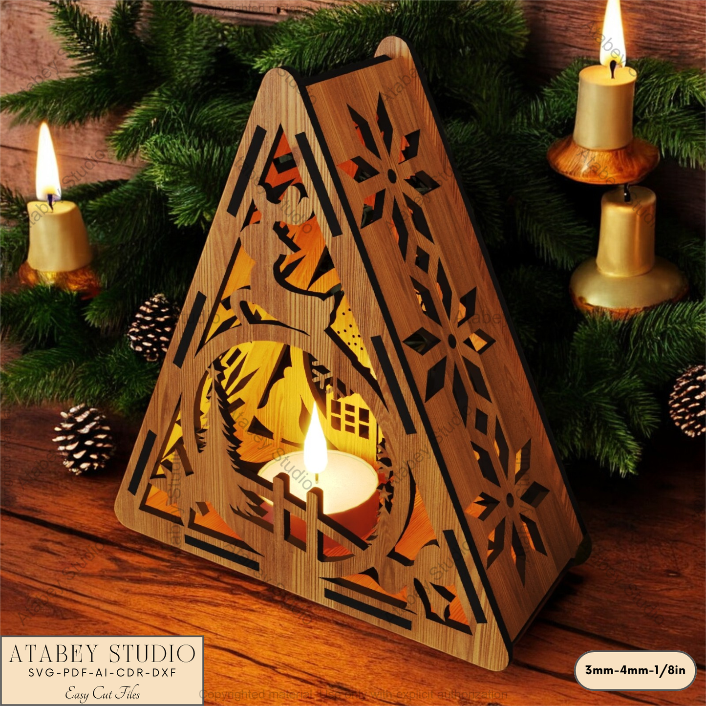 Festive Laser Cut Triangle Lantern | Christmas Tree, Snowman & Reindeer Night Light Decor 915