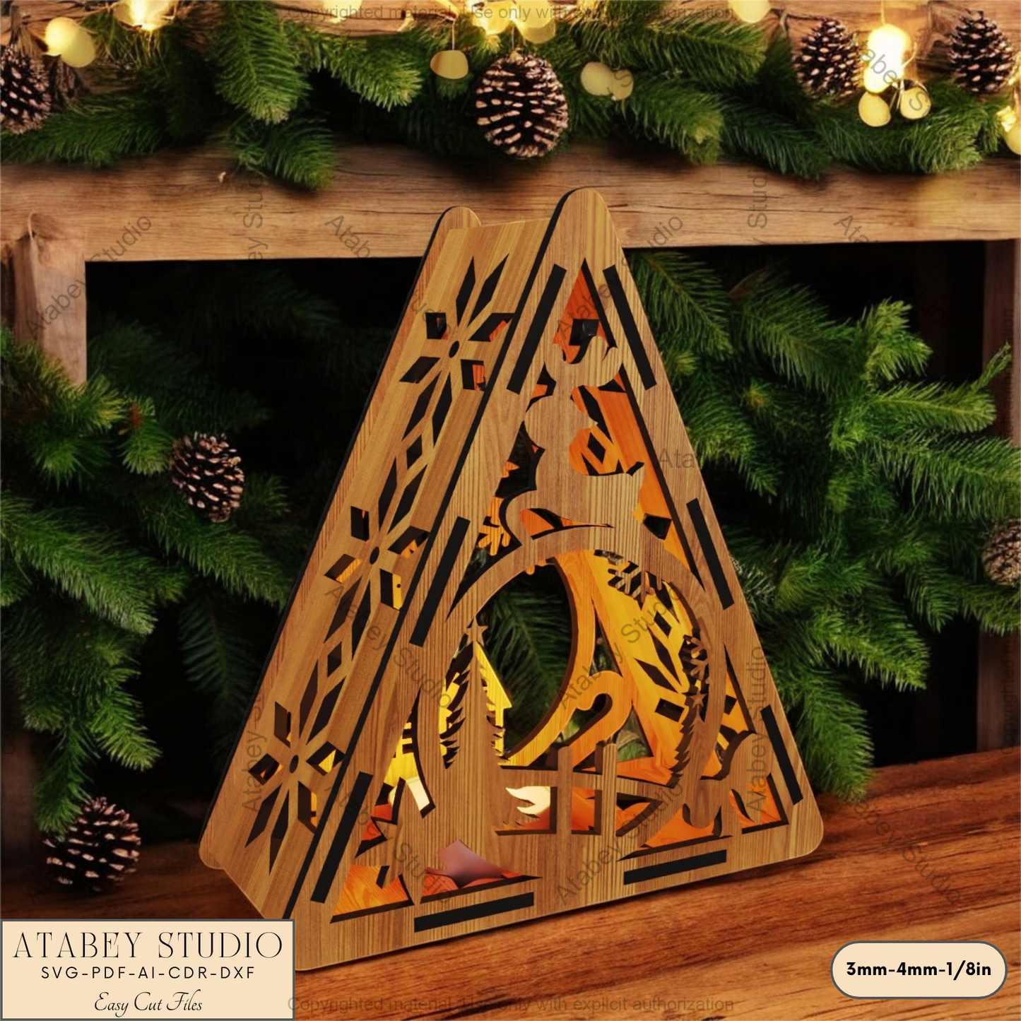 Festive Laser Cut Triangle Lantern | Christmas Tree, Snowman & Reindeer Night Light Decor 915