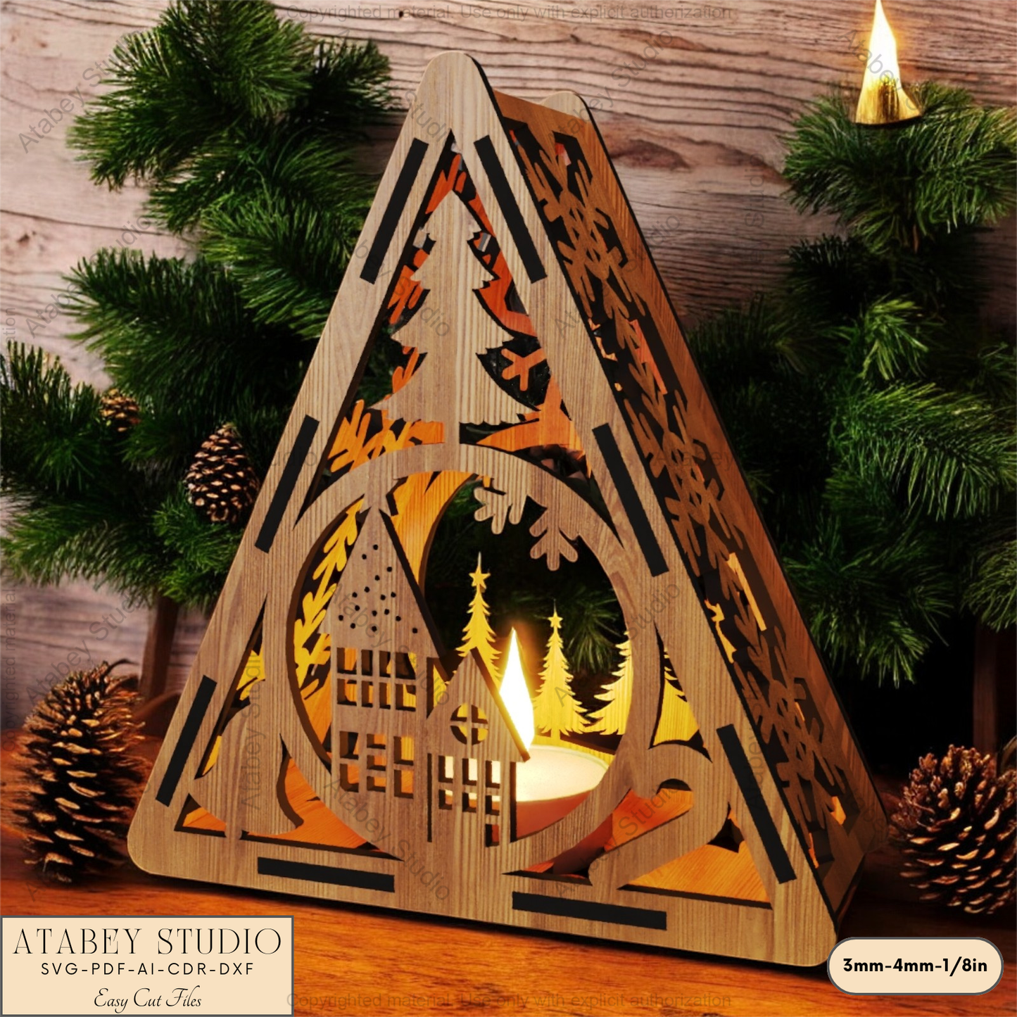 Festive Laser Cut Triangle Lantern | Christmas Tree, Snowman & Reindeer Night Light Decor 915