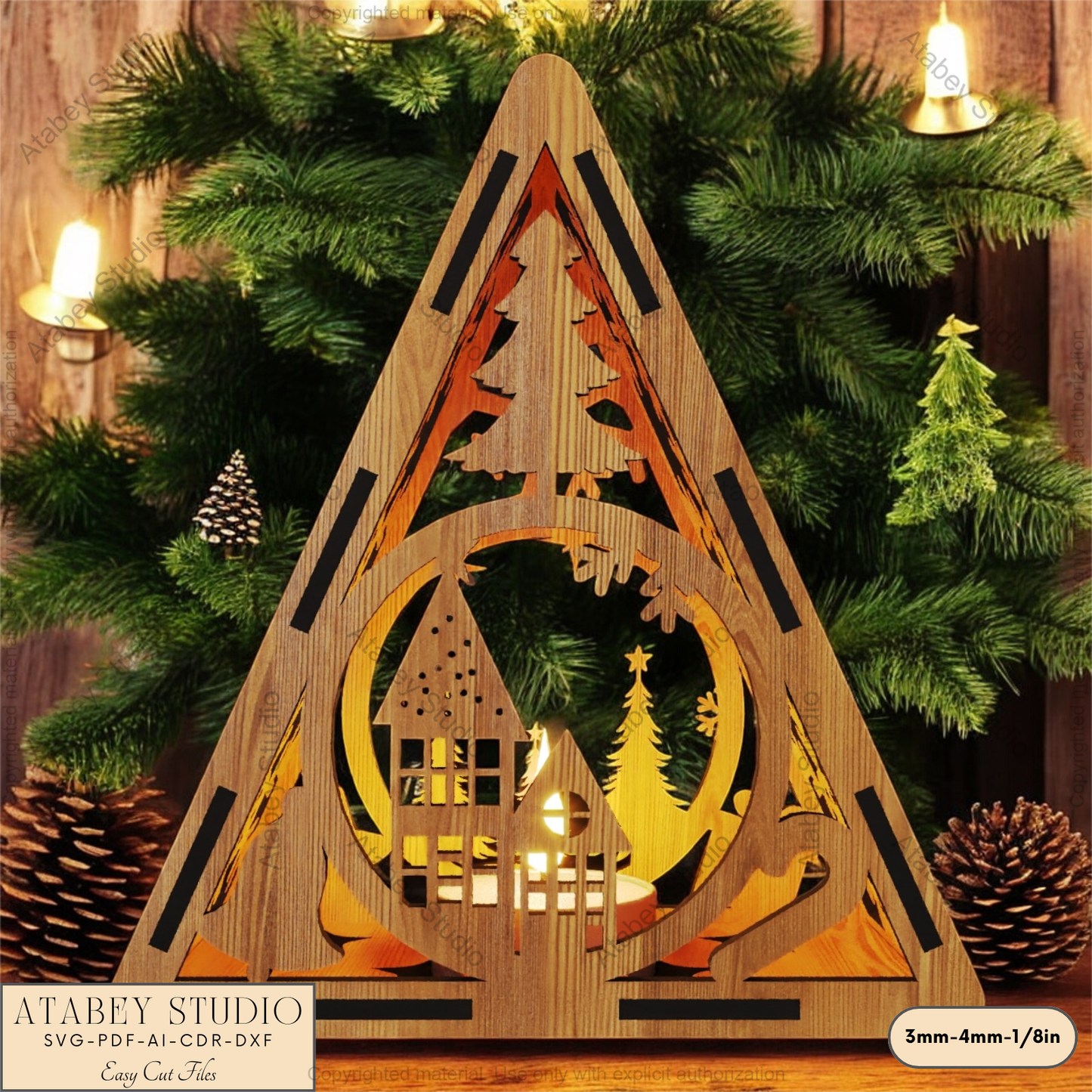 Festive Laser Cut Triangle Lantern | Christmas Tree, Snowman & Reindeer Night Light Decor 915