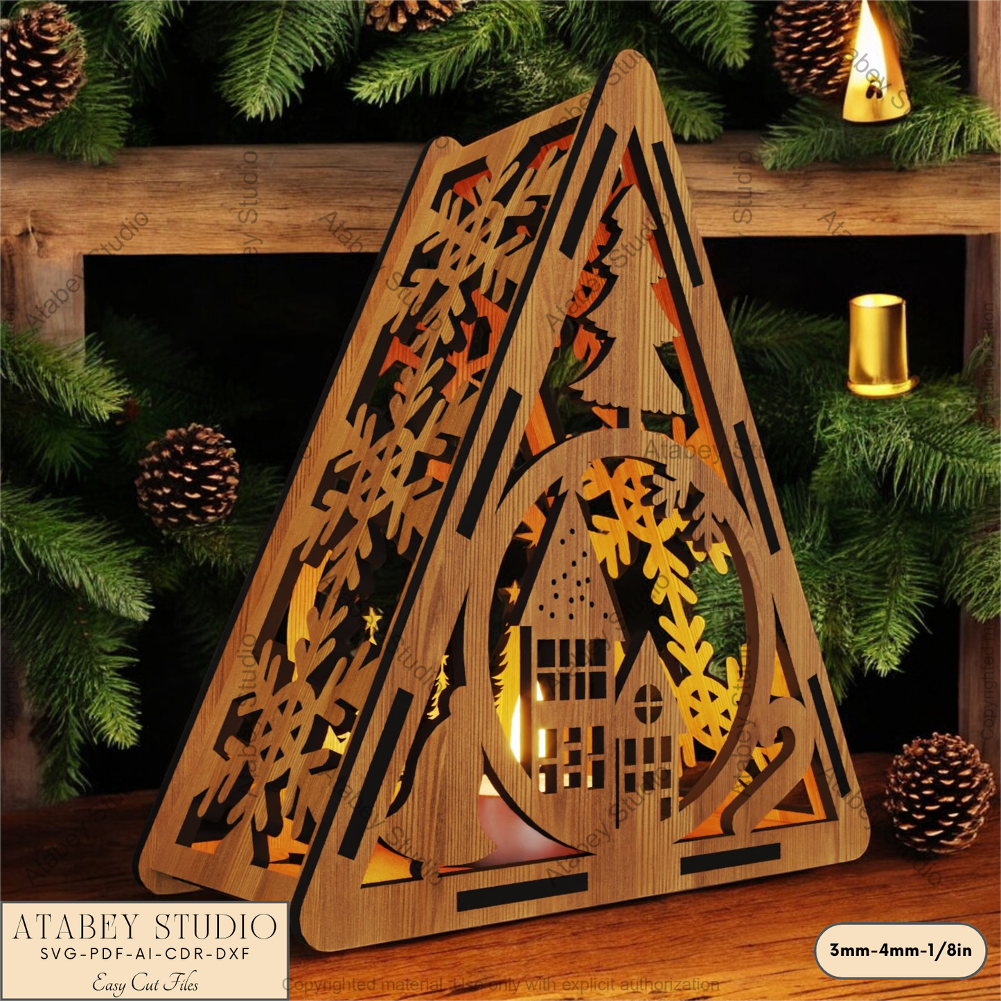 Festive Laser Cut Triangle Lantern | Christmas Tree, Snowman & Reindeer Night Light Decor 915