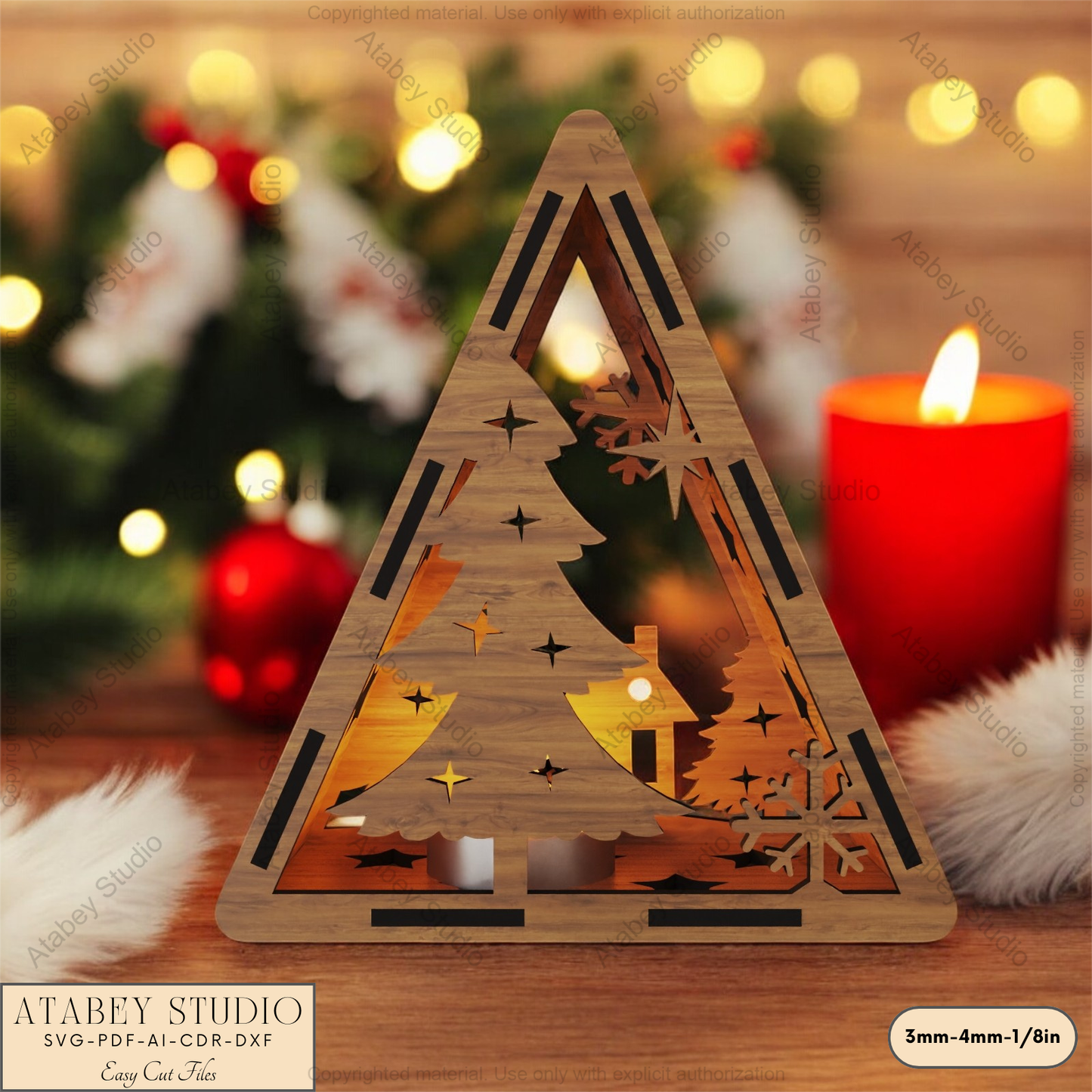 Christmas Triangle Lantern Template: Reindeer, Tree & Winter Scene Laser Cut Files 912