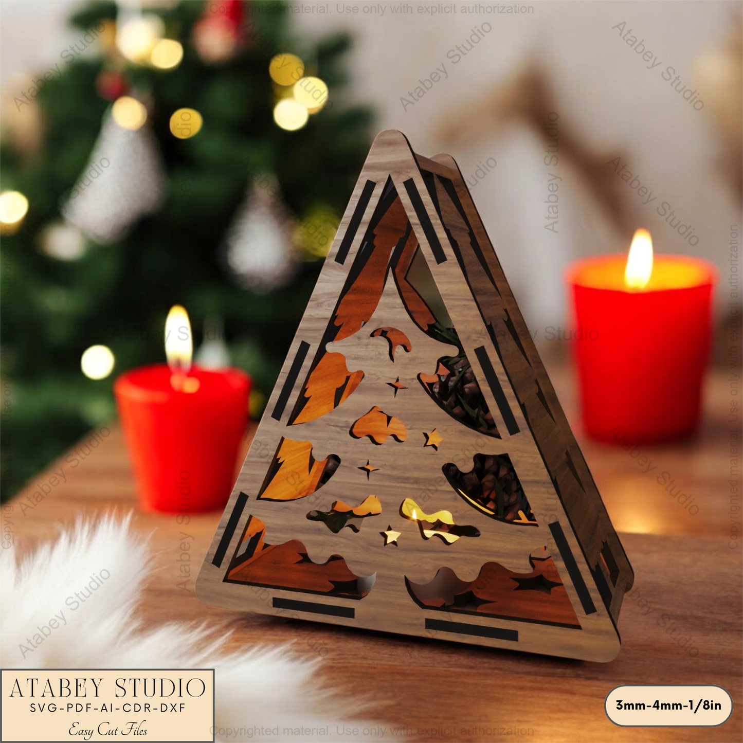 Christmas Triangle Lantern Template: Reindeer, Tree & Winter Scene Laser Cut Files 912