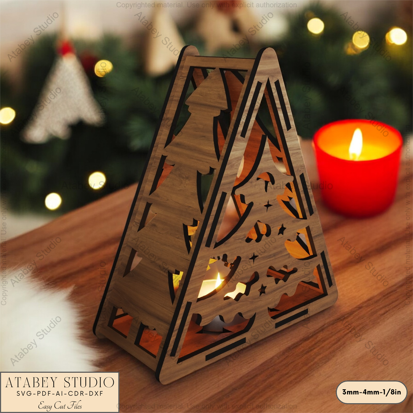 Christmas Triangle Lantern Template: Reindeer, Tree & Winter Scene Laser Cut Files 912