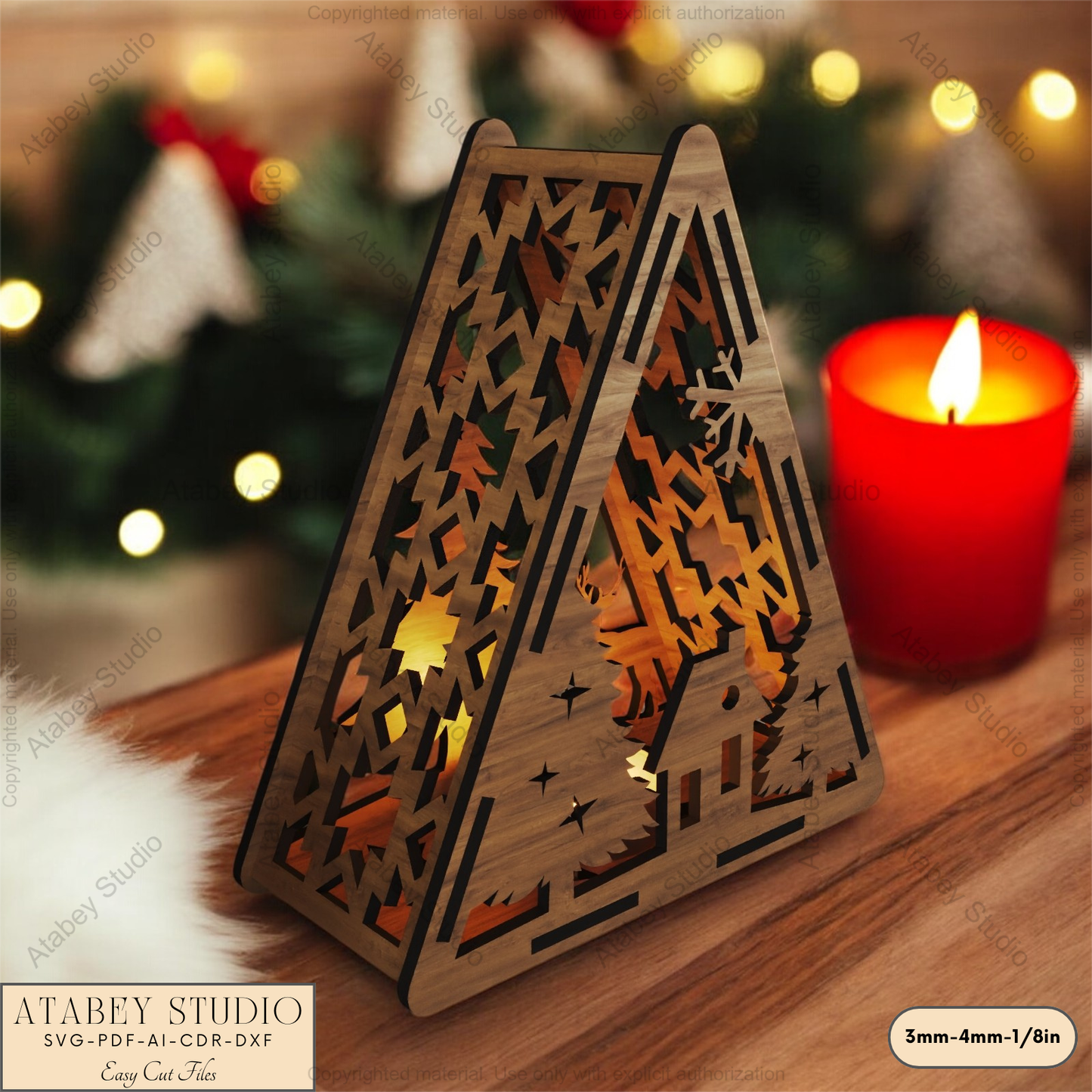 Christmas Triangle Lantern Template: Reindeer, Tree & Winter Scene Laser Cut Files 912