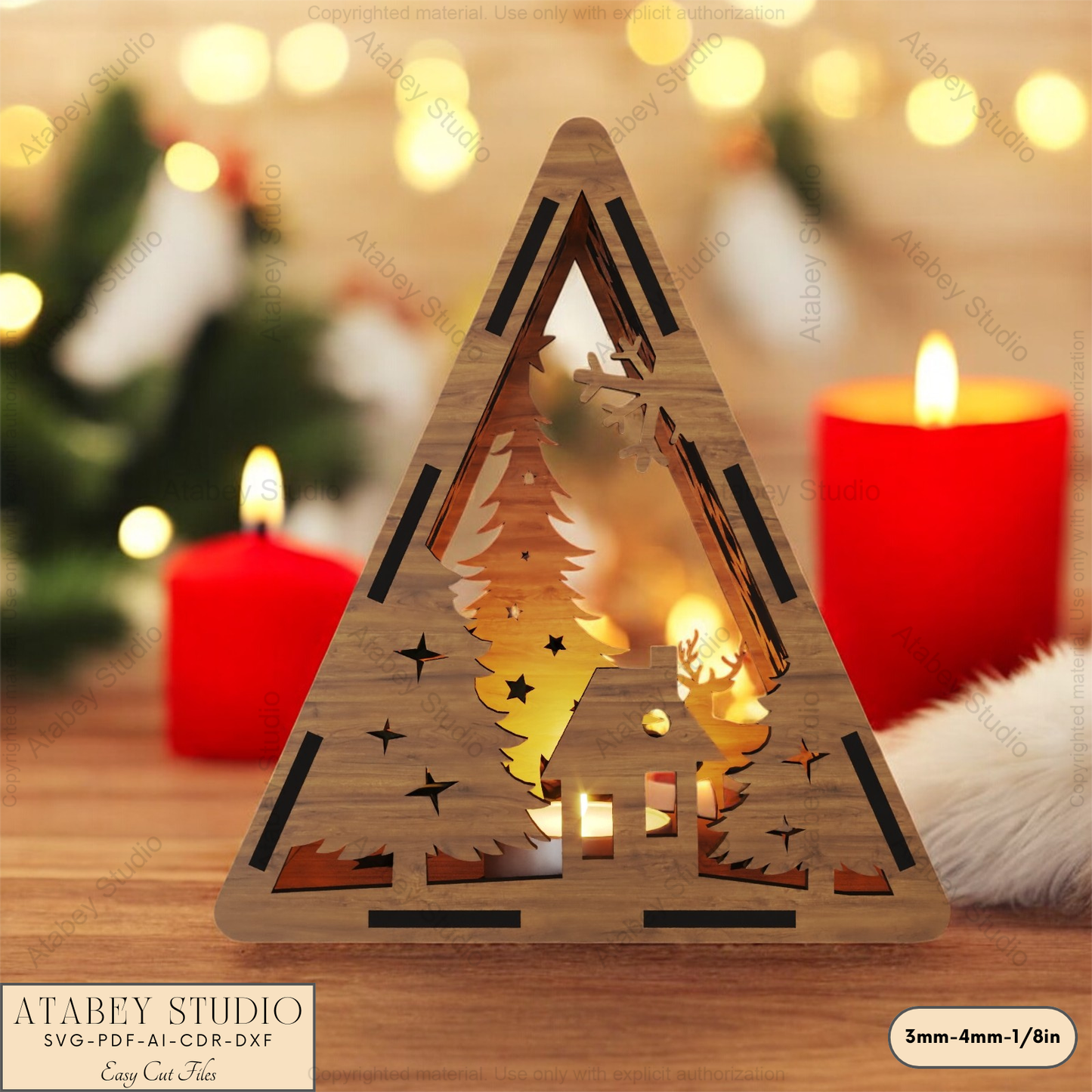 Christmas Triangle Lantern Template: Reindeer, Tree & Winter Scene Laser Cut Files 912