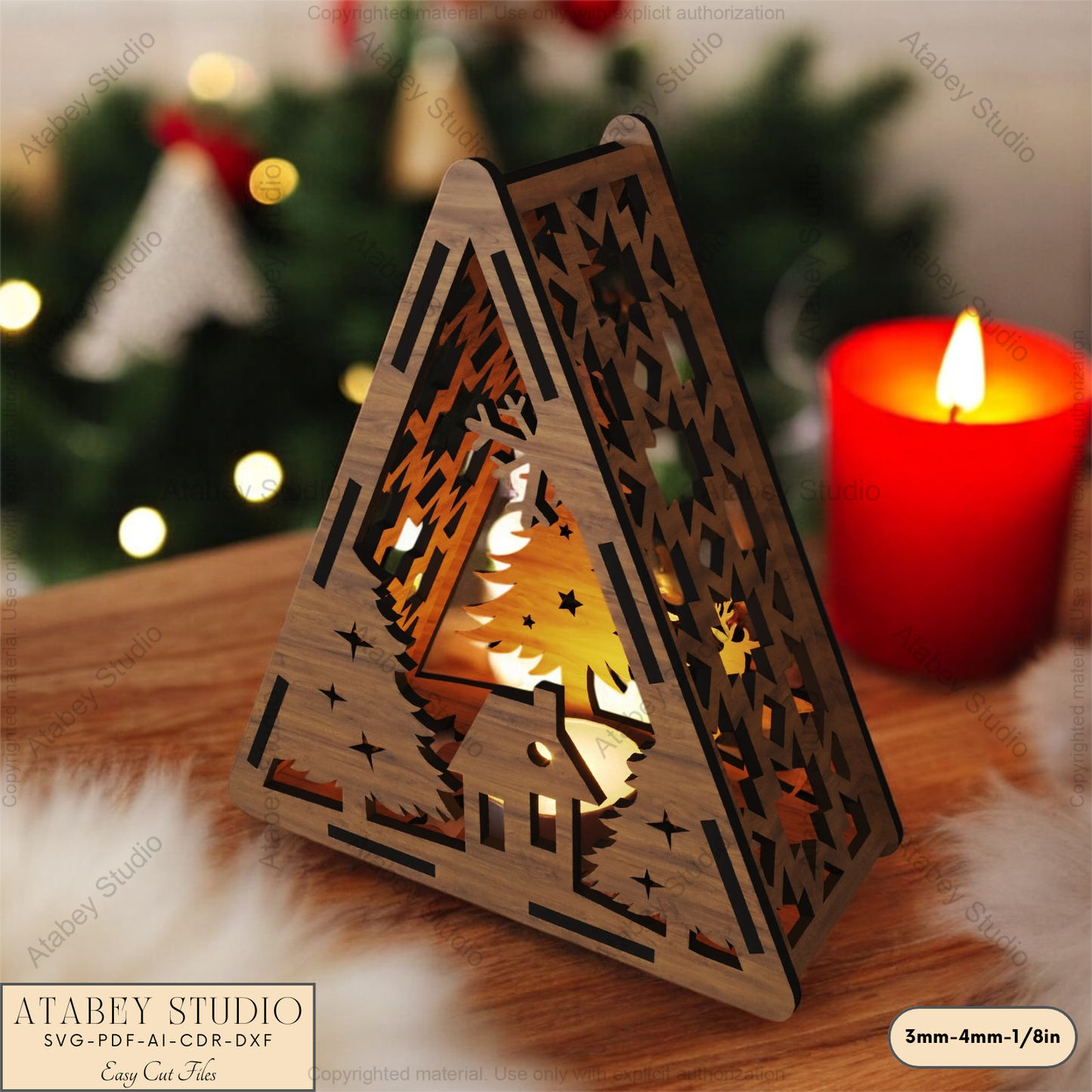 Christmas Triangle Lantern Template: Reindeer, Tree & Winter Scene Laser Cut Files 912