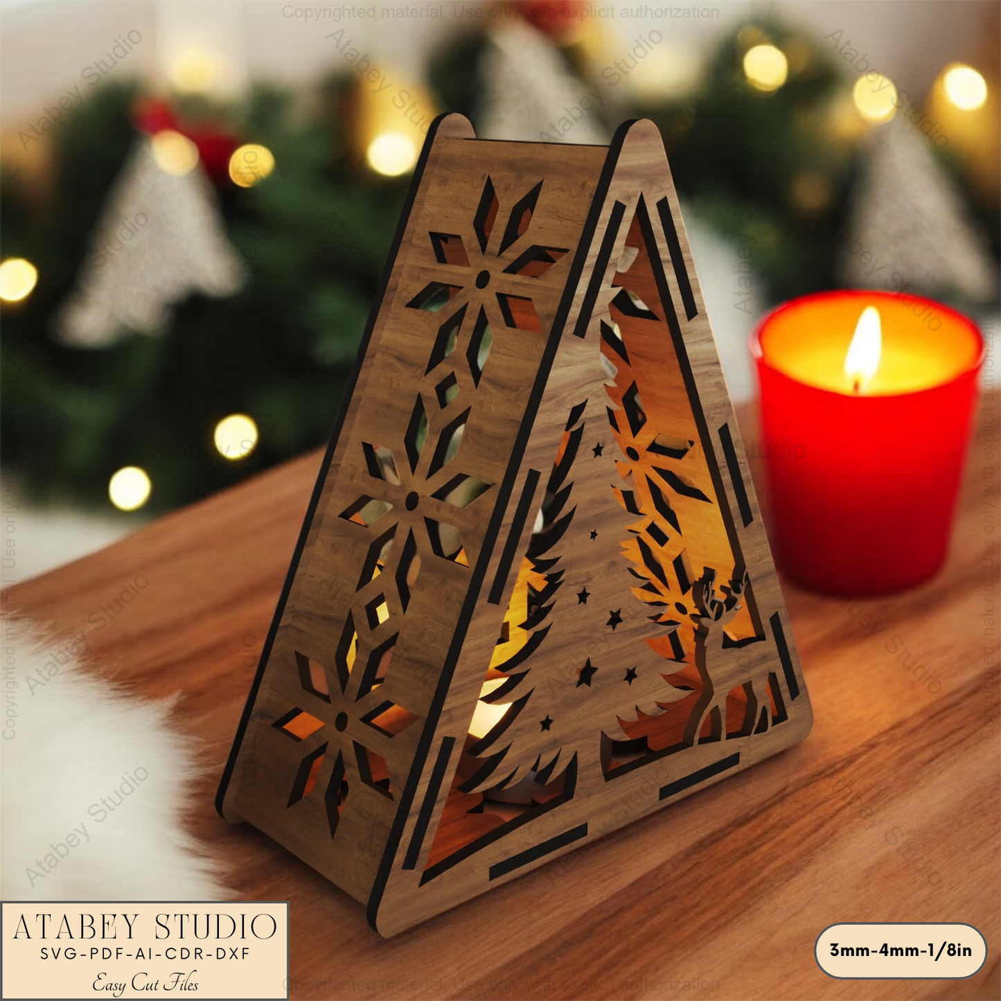 Christmas Triangle Lantern Template: Reindeer, Tree & Winter Scene Laser Cut Files 912