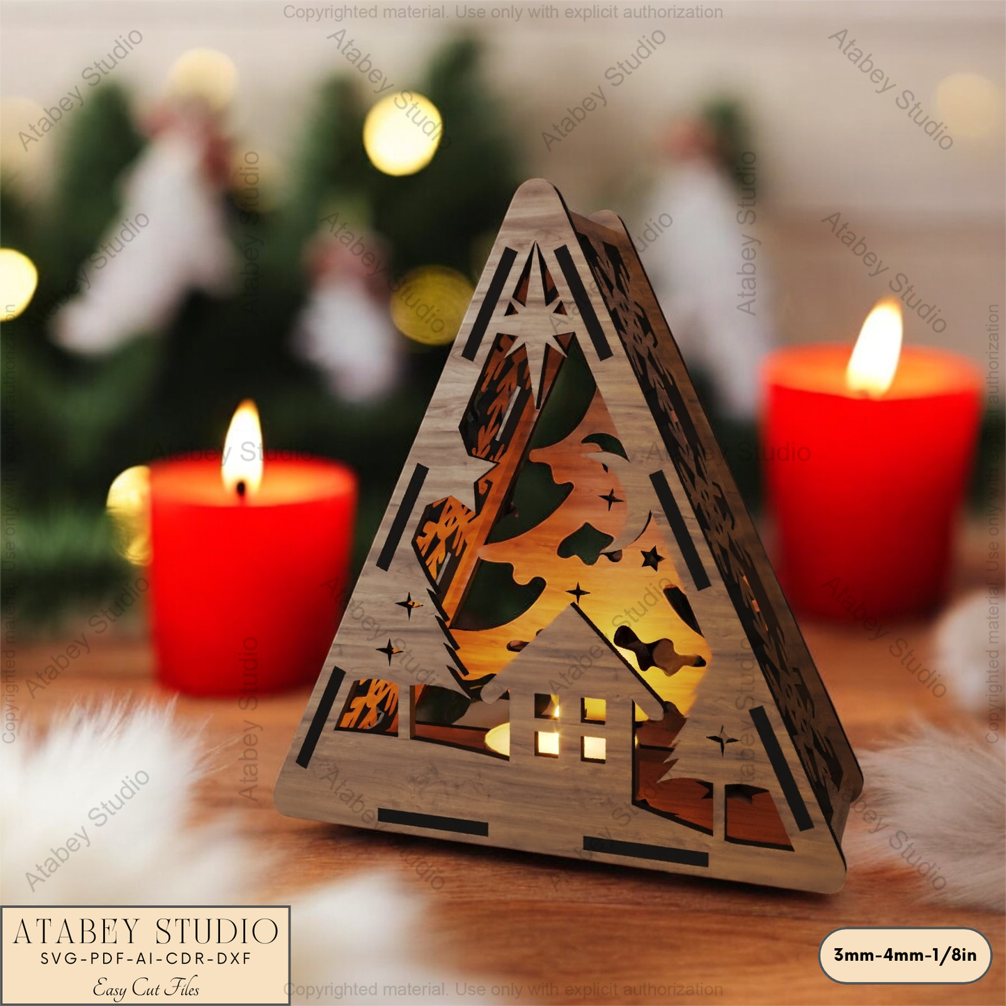 Christmas Triangle Lantern Template: Reindeer, Tree & Winter Scene Laser Cut Files 912