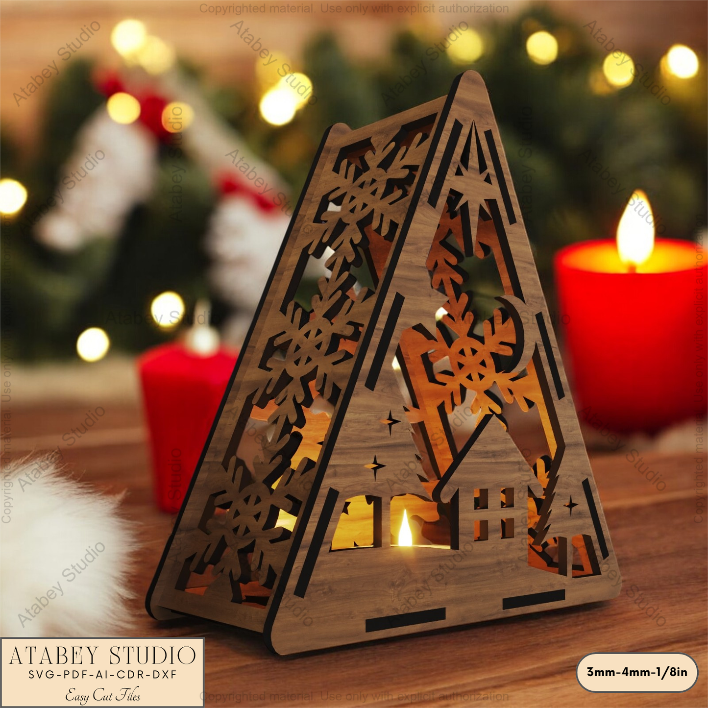 Christmas Triangle Lantern Template: Reindeer, Tree & Winter Scene Laser Cut Files 912