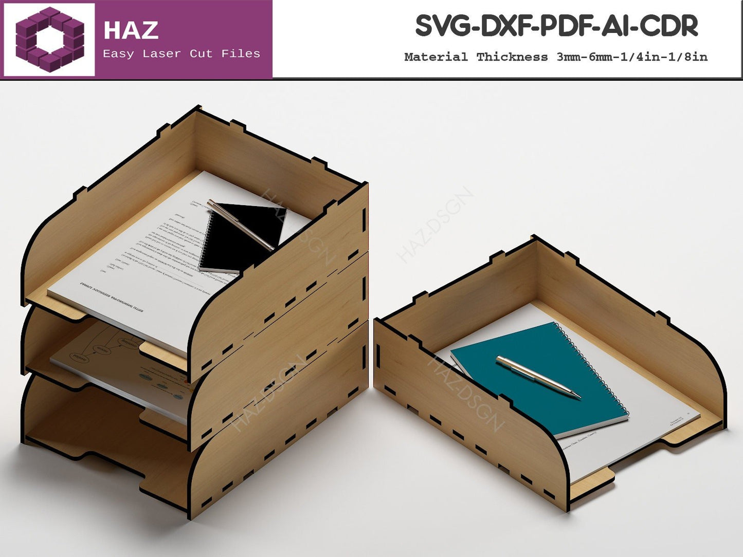 001 Wooden Stackable A4 Paper Holder / Document Organizer / Office Desk Tray Organiser Laser Cut Files 001