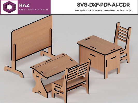 005 School Furnitures / Wood Dollhouse Set / Kids Chair Table Board Cutting Plans / Svg Dxf Cdr Ai 005