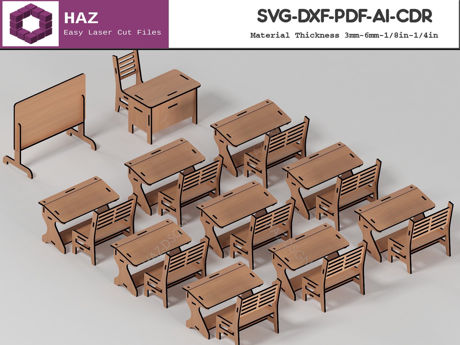 005 School Furnitures / Wood Dollhouse Set / Kids Chair Table Board Cutting Plans / Svg Dxf Cdr Ai 005