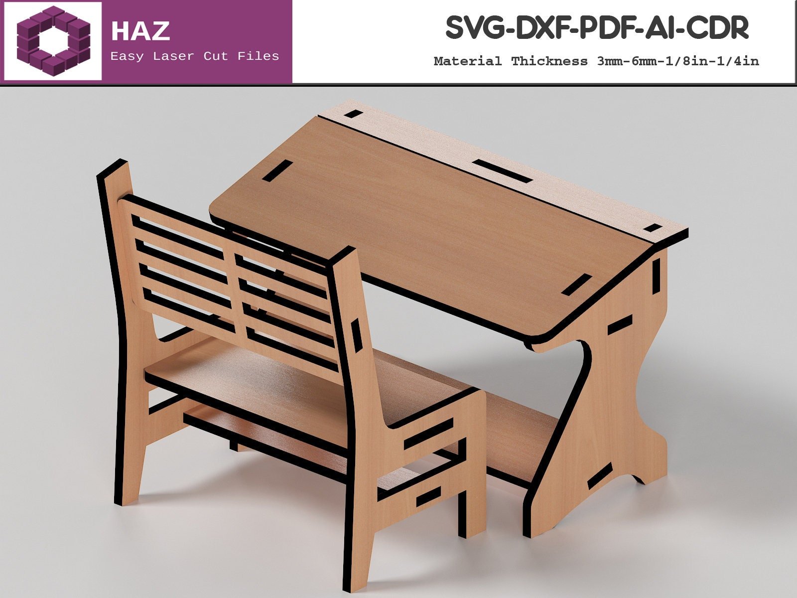 005 School Furnitures / Wood Dollhouse Set / Kids Chair Table Board Cutting Plans / Svg Dxf Cdr Ai 005