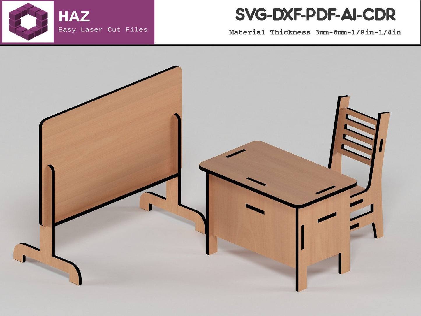 005 School Furnitures / Wood Dollhouse Set / Kids Chair Table Board Cutting Plans / Svg Dxf Cdr Ai 005