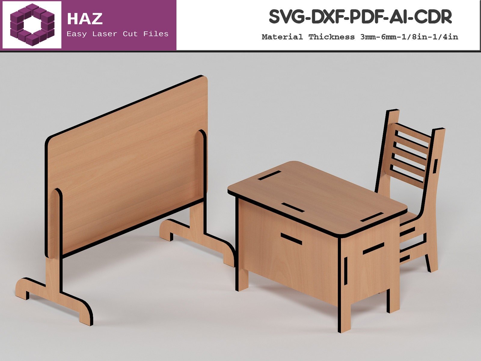 005 School Furnitures / Wood Dollhouse Set / Kids Chair Table Board Cutting Plans / Svg Dxf Cdr Ai 005