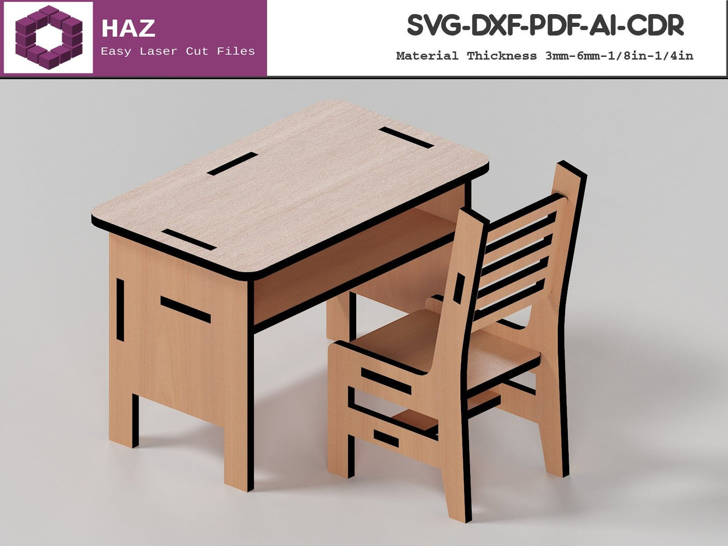 005 School Furnitures / Wood Dollhouse Set / Kids Chair Table Board Cutting Plans / Svg Dxf Cdr Ai 005