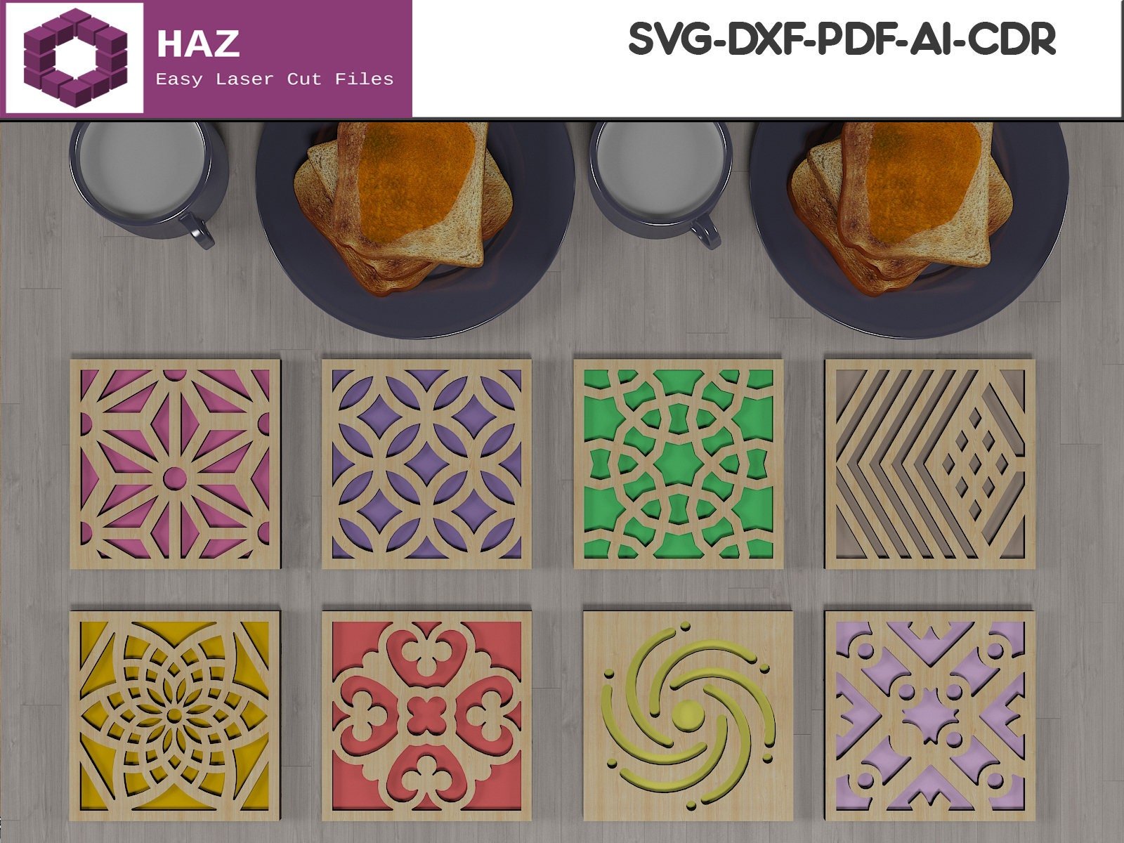 027 Geometric Coasters Bundle / Mom Gift Wood Coaster / Digital Cutting Files SVG DXF CDR Ai 027