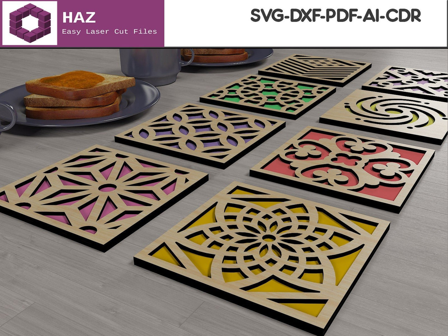 027 Geometric Coasters Bundle / Mom Gift Wood Coaster / Digital Cutting Files SVG DXF CDR Ai 027