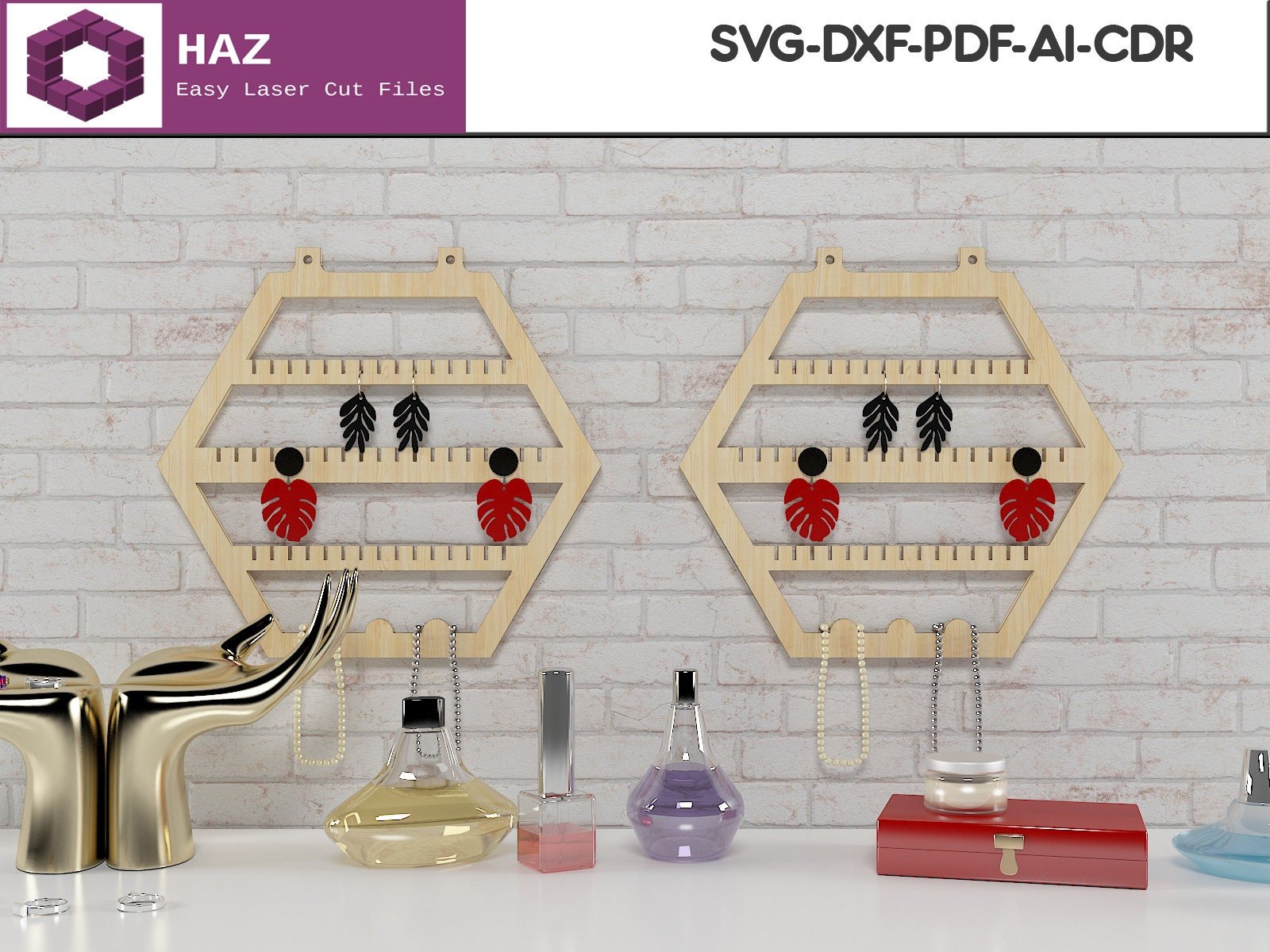 034 Hanging Jewelry Stand / Wood Earring Display / Necklace Organiser SVG DXF CDR Ai 034